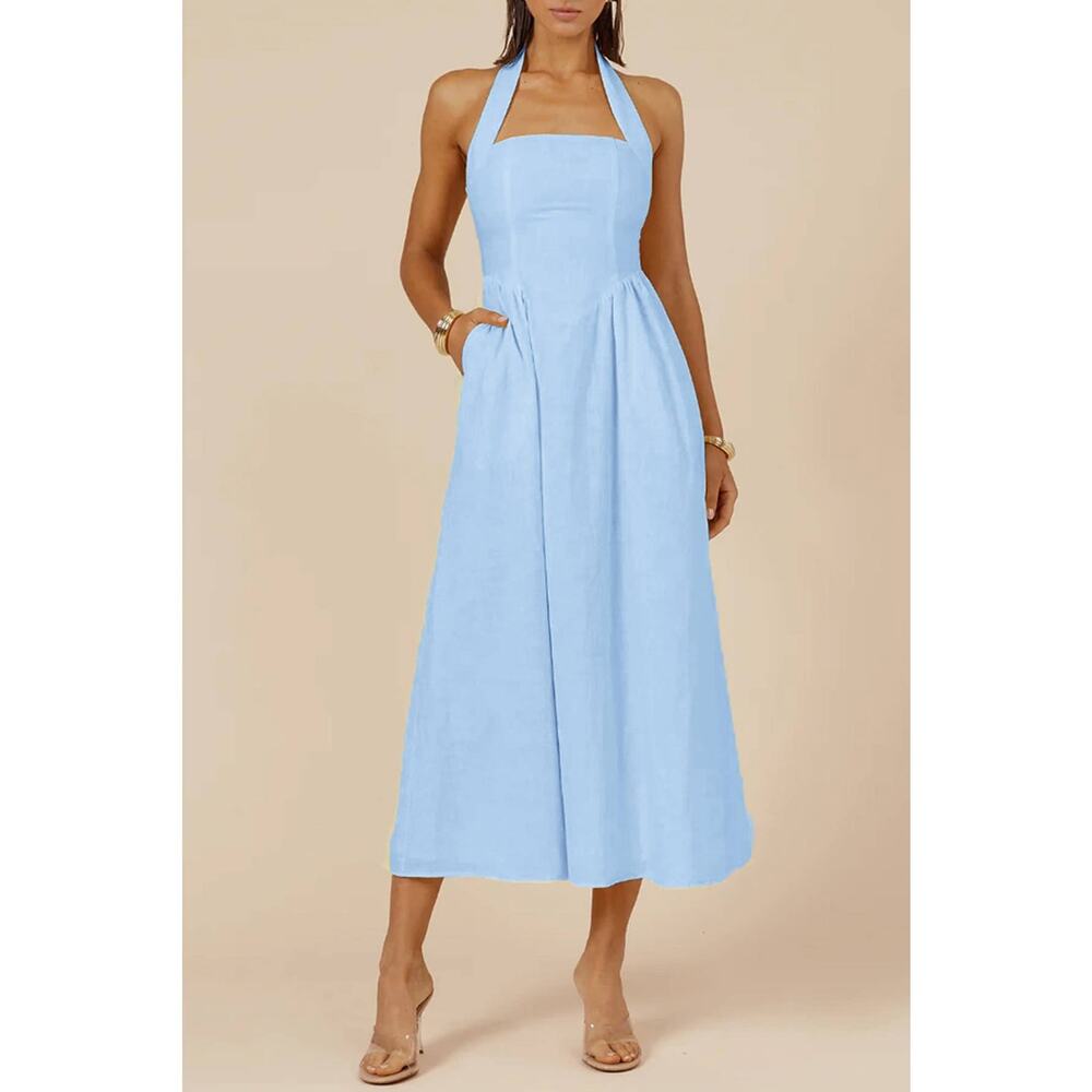 Supreme Fashion Maxi Dress Womens XL White Halter Sleeveless Summer Chic NWT - Picture 2 of 9